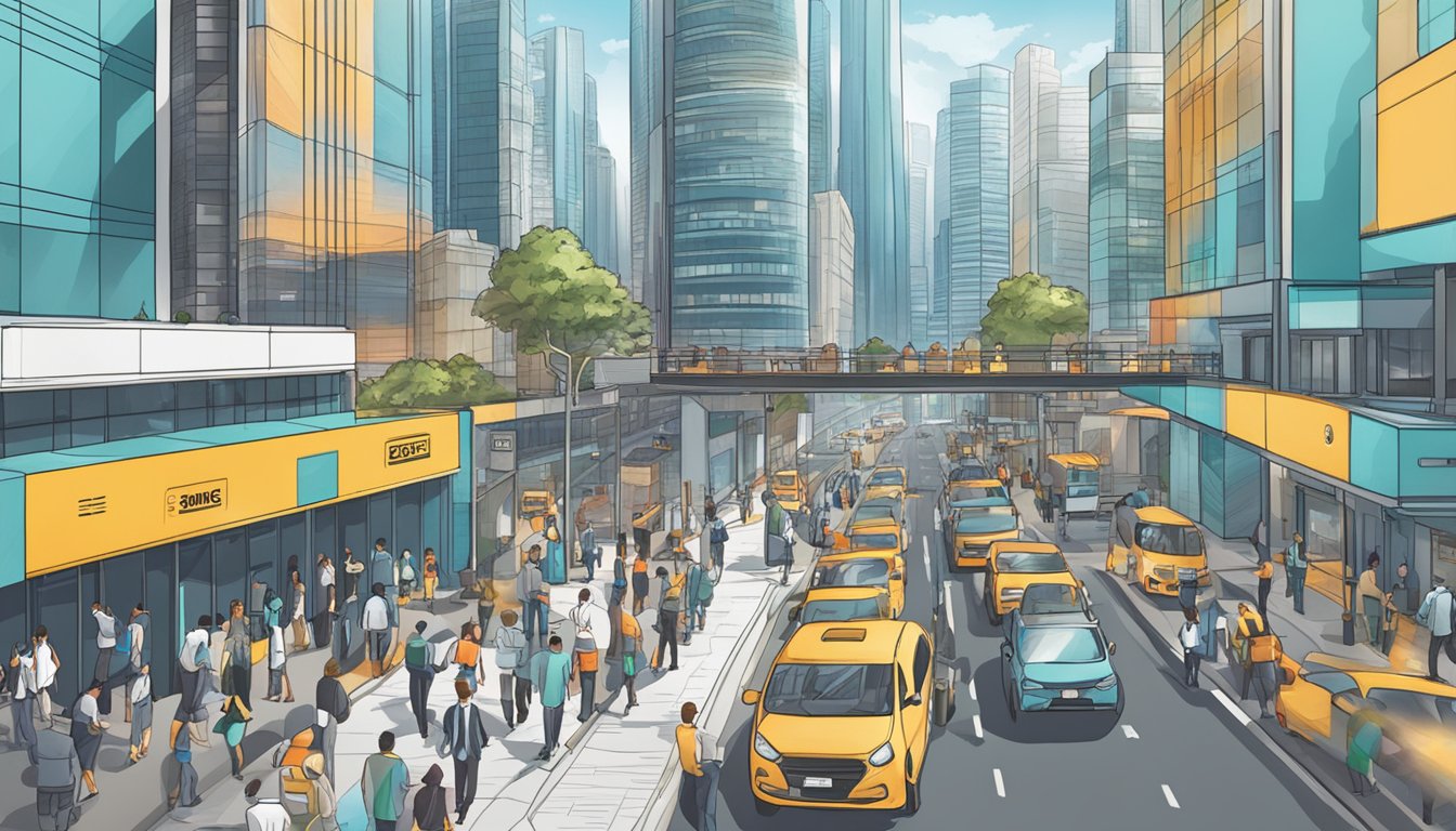 A bustling city street with a prominent sign for "Capitall.sg SME Business Loan SG" against a backdrop of modern buildings and busy professionals