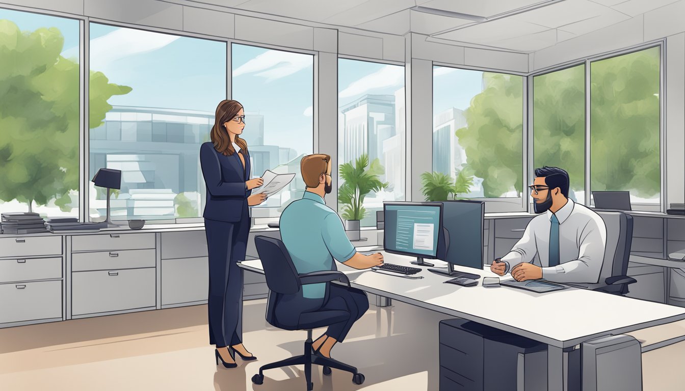 A modern office setting with a business owner discussing loan options with a Capitall.sg representative. The business owner is reviewing documents and the representative is presenting information on a computer screen