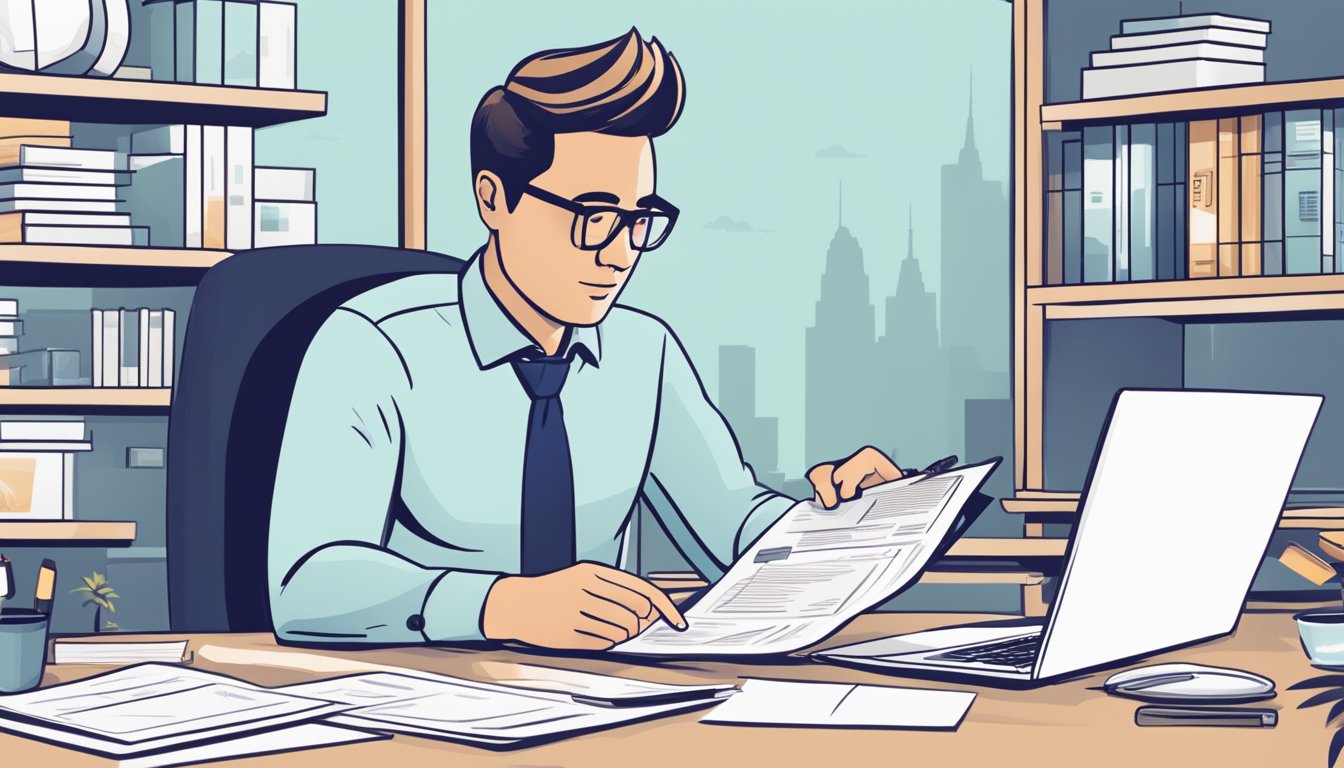 A business owner sits at a desk, reviewing loan offers on Capitall.sg's website. Charts and graphs are spread out, showing different loan terms and interest rates