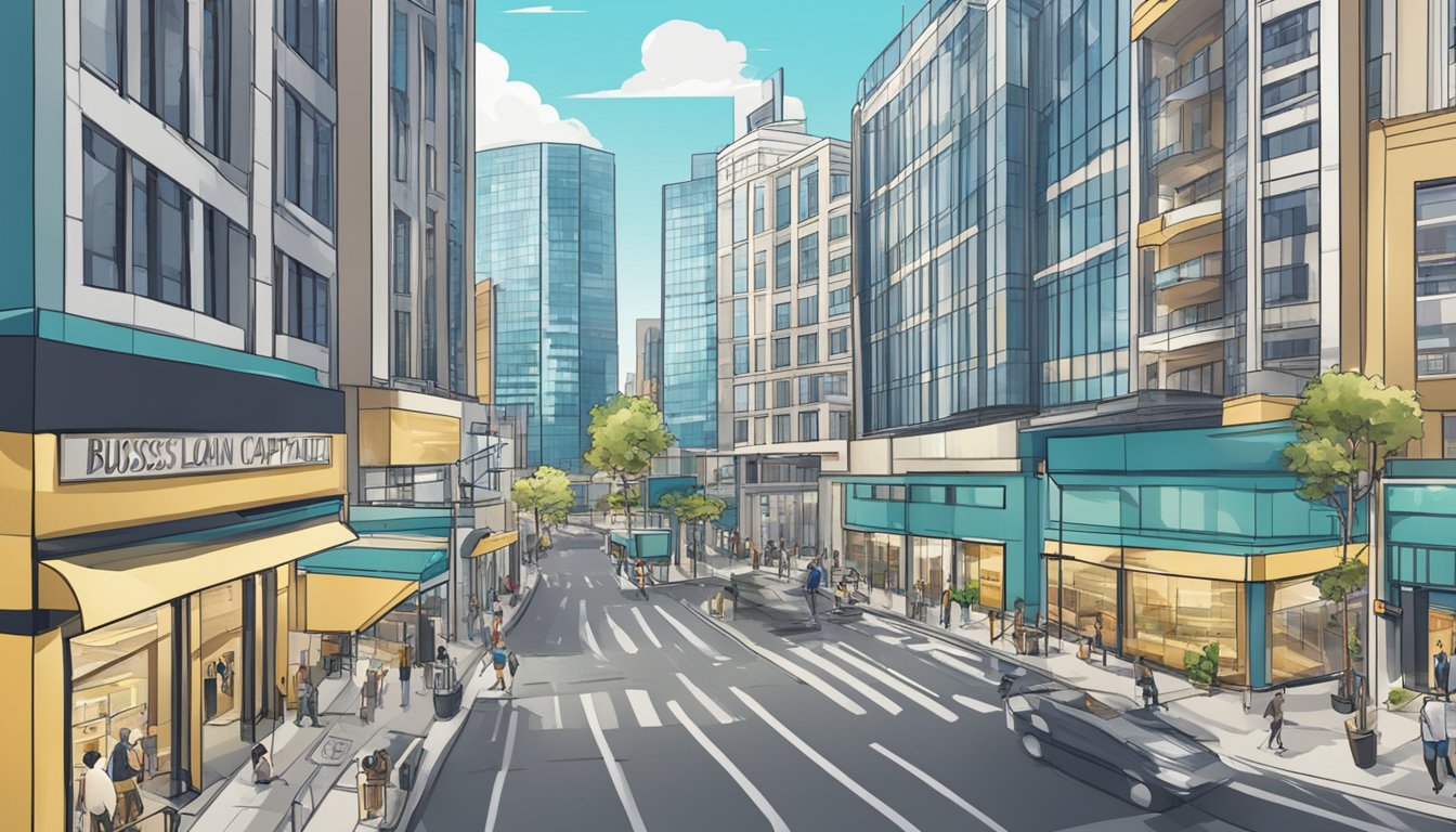 A bustling city street with a modern office building in the background, a sign reading "Business Loan Capitall.sg SME Business Loan SG" prominently displayed