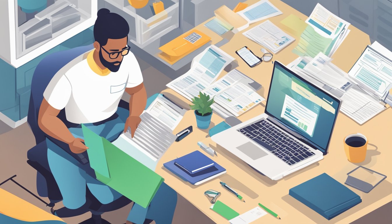 A small business owner fills out an online application for a Capitall.sg SME business loan, surrounded by paperwork and financial documents