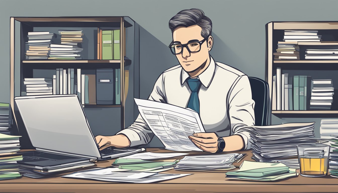 A businessman sits at a desk, reviewing paperwork for a business loan. A laptop and calculator are nearby, along with a stack of financial documents