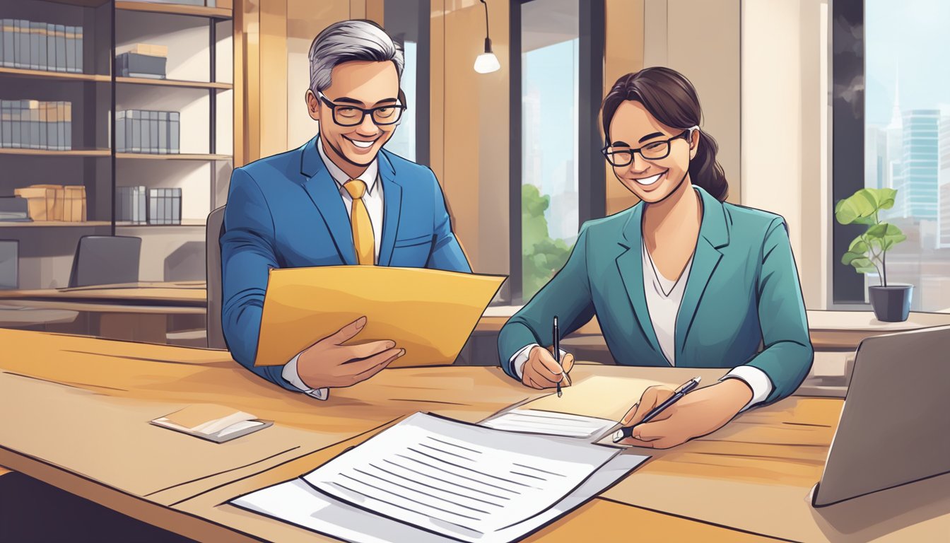 A business owner signing a loan agreement with Capitall.sg, with a satisfied expression. The loan officer hands over the signed agreement and smiles