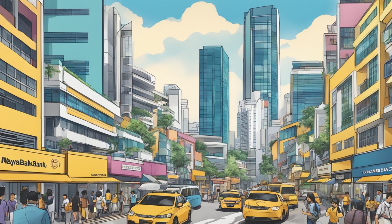 A bustling Singapore street with a prominent Maybank branch, featuring small and medium-sized businesses seeking loans. The vibrant atmosphere reflects the city's dynamic SME sector