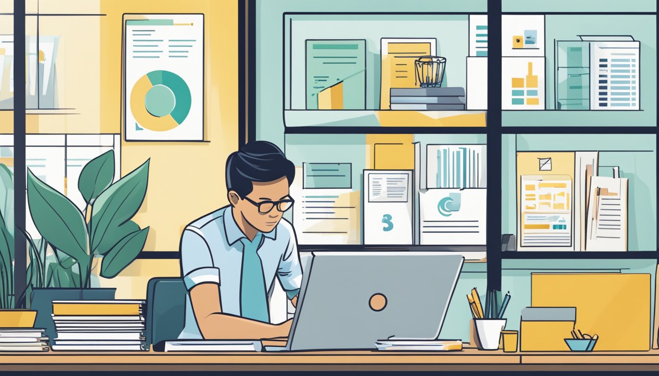 A business owner sits at a desk, reviewing Maybank Singapore SME loan options. Documents and a laptop are spread out in front of them, as they consider the best financing for their company