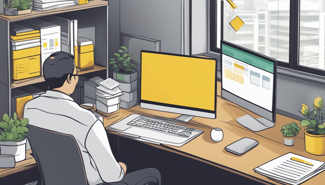 A business owner reviewing eligibility criteria for Maybank SME loans in Singapore. Documents and a computer on a desk