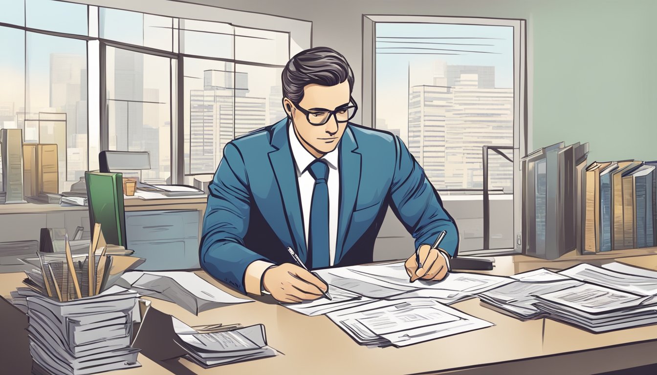 A businessman fills out a loan application at a desk. A banker reviews the paperwork and stamps it with approval