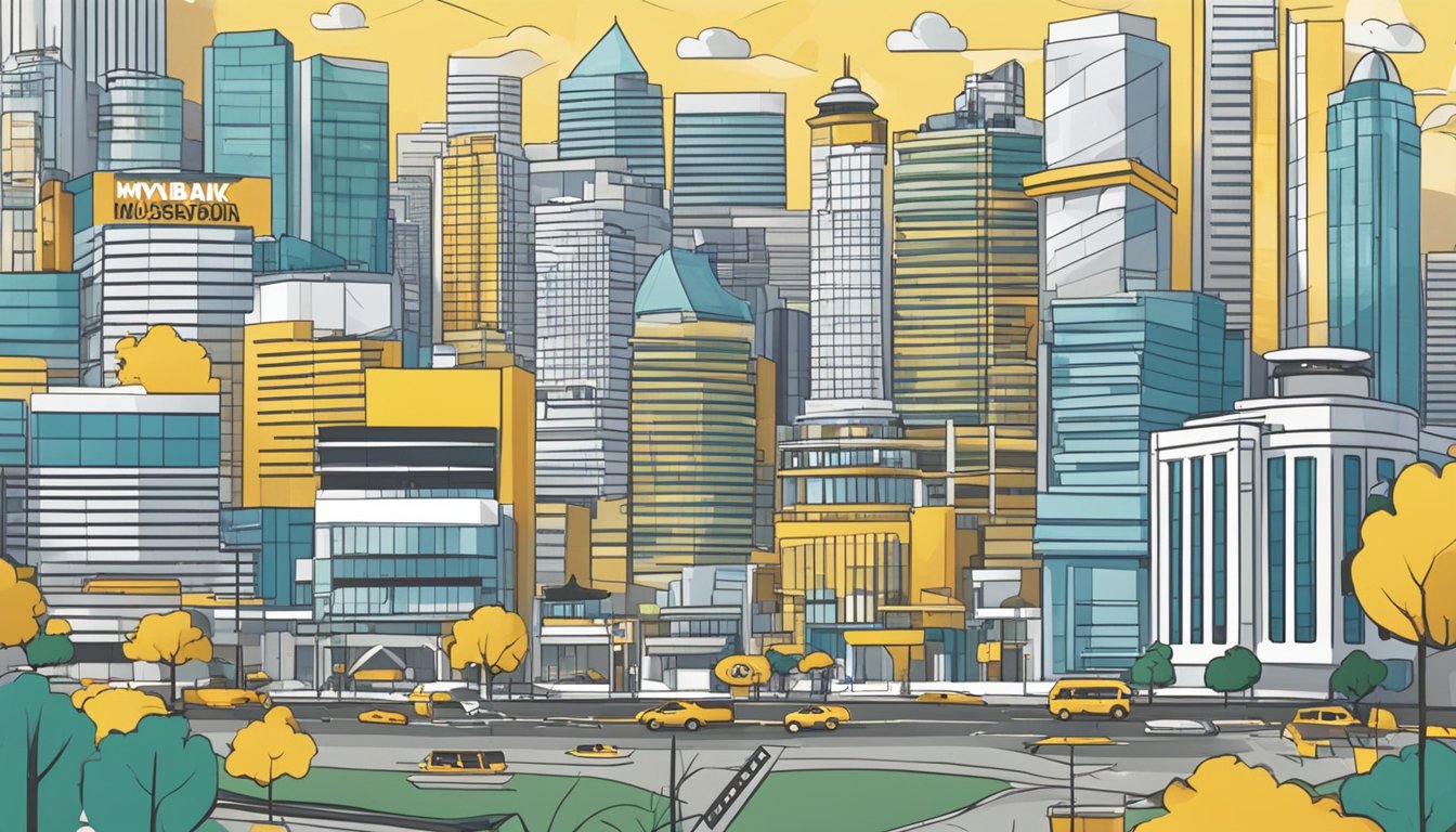 A bustling Singapore cityscape with prominent Maybank signage, showcasing various SME businesses thriving with the support of Maybank Singapore SME loans