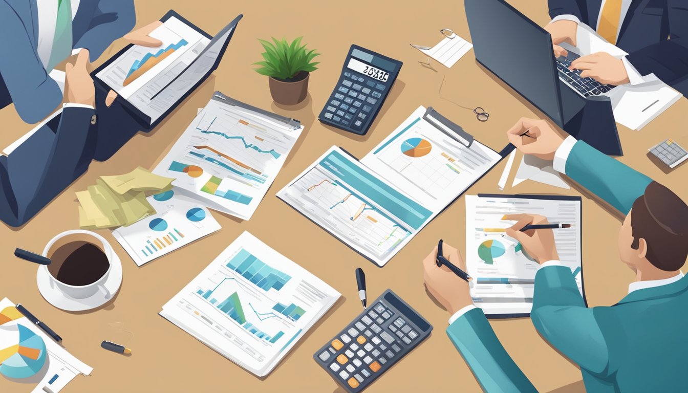 A group of business owners examines loan offers from different banks, comparing rates and terms. Charts and graphs display data on a table
