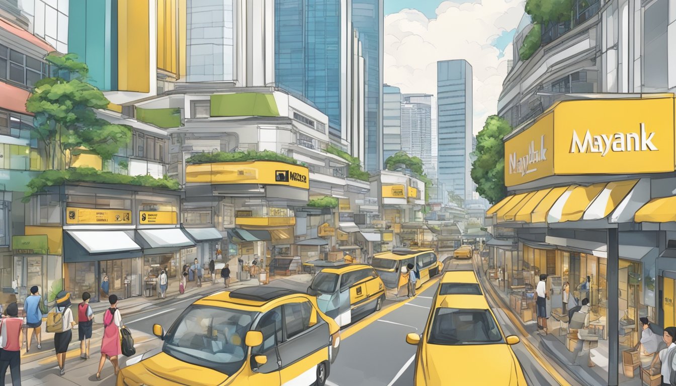 A bustling Singapore street with a prominent Maybank sign, showcasing various SME businesses with vibrant storefronts and busy foot traffic