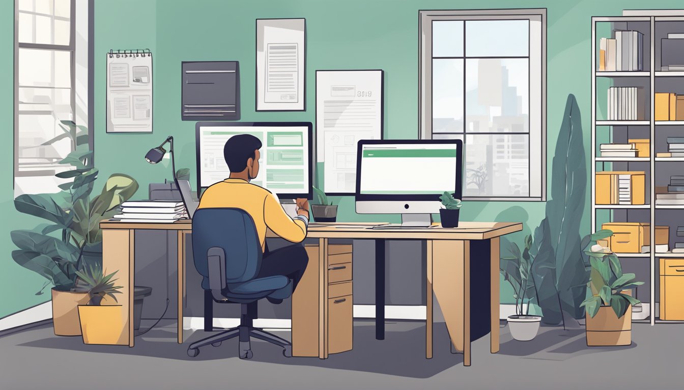 A small business owner sits at a desk, reviewing paperwork for a loan application. The room is bright and organized, with a computer and phone nearby