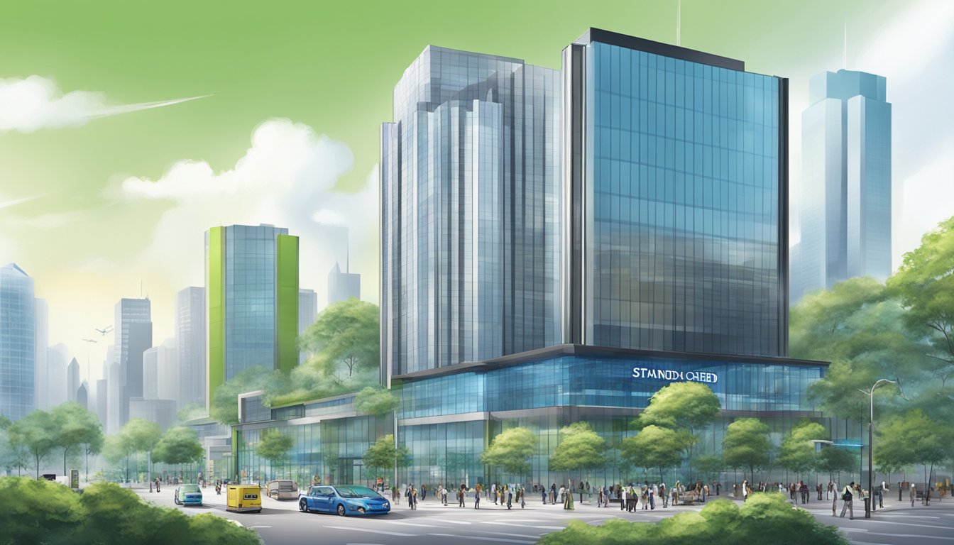 A modern office building with the Standard Chartered logo prominently displayed. Surrounding businesses and a bustling cityscape in the background
