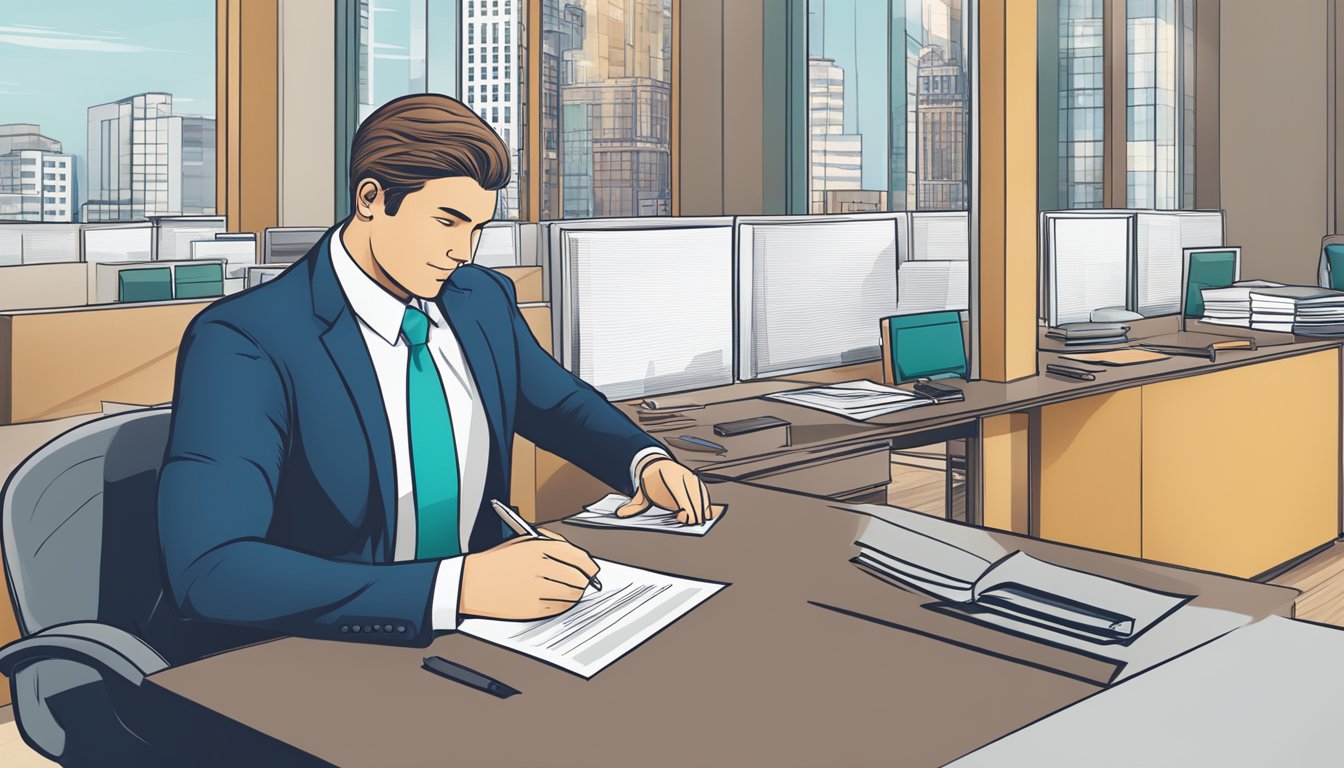 A business owner signing loan documents at a desk with a logo of MPM Capital in the background