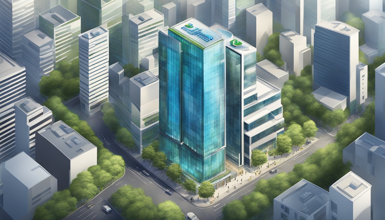 An aerial view of a modern office building with the Standard Chartered logo prominently displayed. The building is surrounded by a bustling urban environment