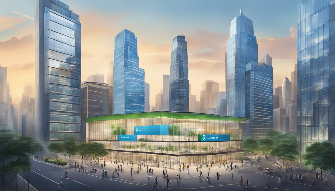 A modern office building with the Standard Chartered logo prominently displayed. Surrounding businesses and a bustling cityscape in the background