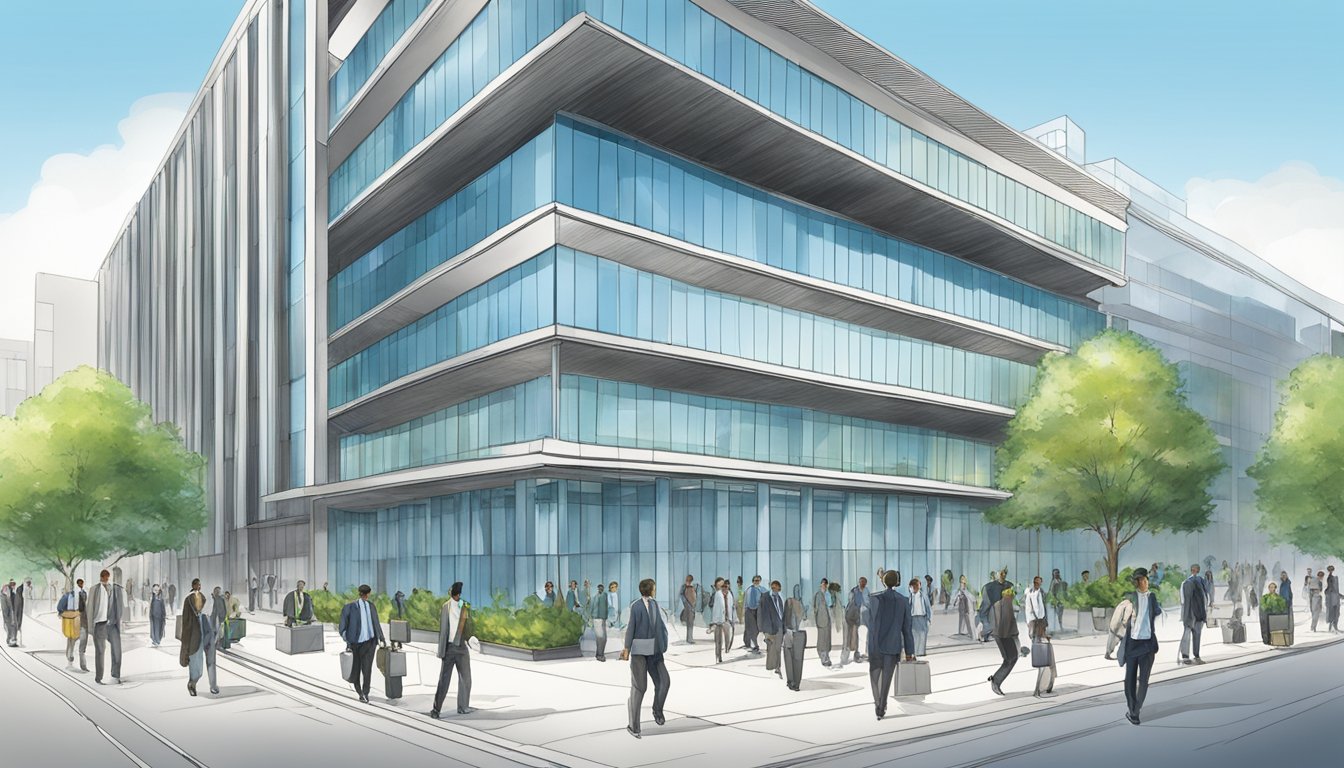 A modern office building with the Standard Chartered logo prominently displayed. A diverse group of business professionals entering and exiting the building