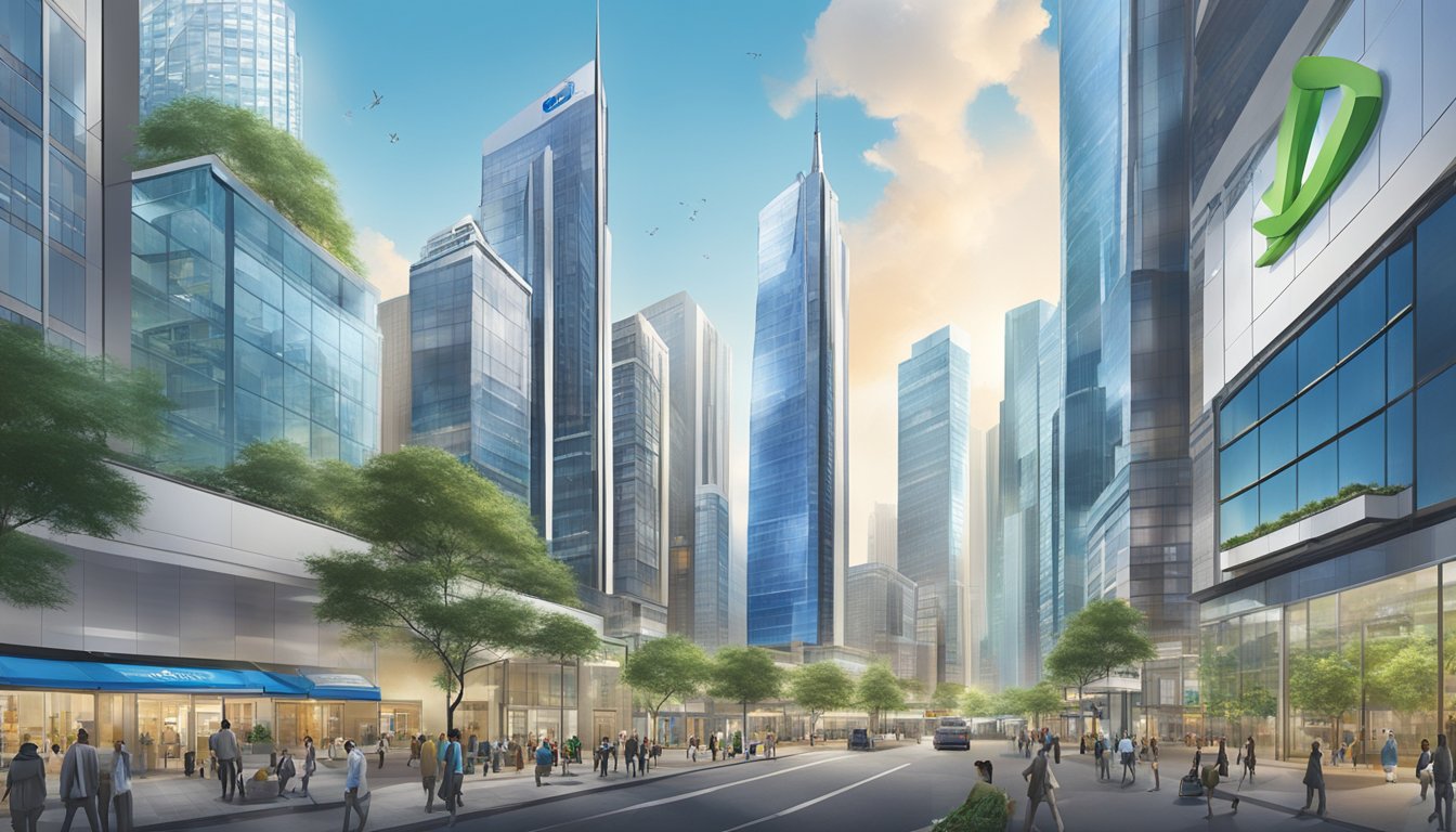 A bustling city skyline with various commercial properties, including office buildings, retail spaces, and industrial facilities. The Standard Chartered logo prominently displayed on a modern skyscraper