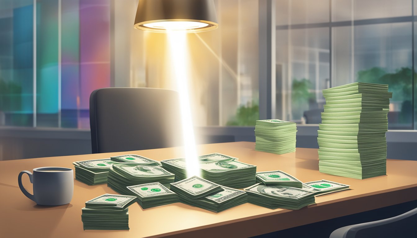 A bright spotlight shines on the MPM Capital logo, as a stack of money and a business loan agreement stand out on a sleek, modern desk