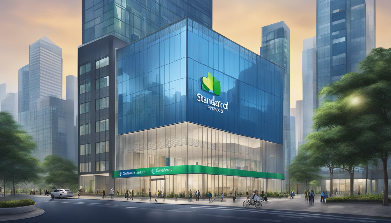 A modern office building with the Standard Chartered logo prominently displayed on the exterior. Surrounding businesses and cityscape in the background