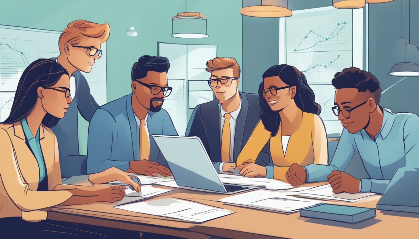 A group of small business owners eagerly comparing loan options, analyzing charts and graphs, and discussing the benefits of MPM Capital's SME Business Loan over its competitors