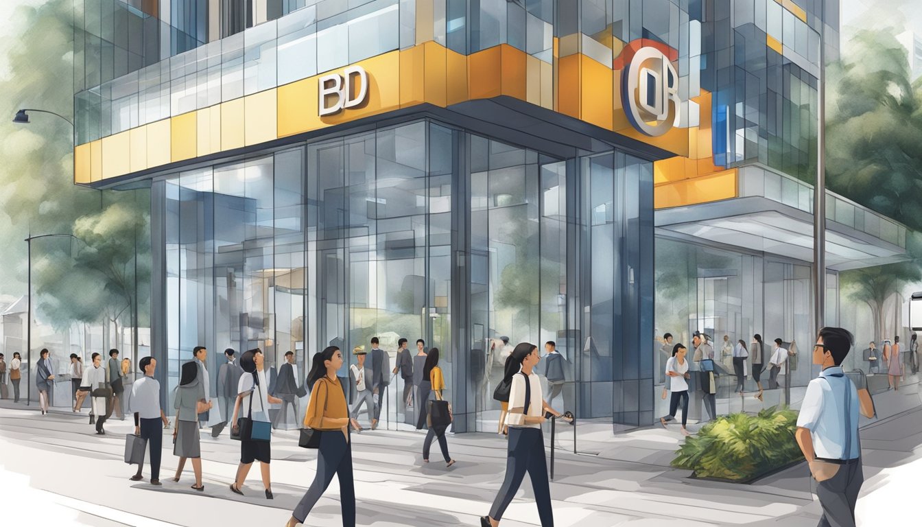 A bustling Singapore street with a prominent UOB sign, business professionals entering and exiting, and a modern, sleek facade