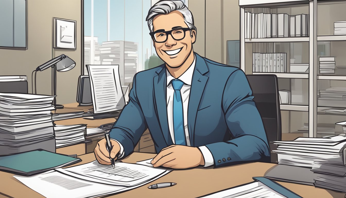 A business owner signs a loan agreement with MPM Capital, smiling confidently at the promising future ahead. The office desk is neatly organized, with a stack of papers and a pen ready for signatures