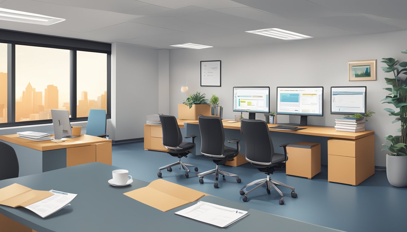 An office setting with a desk, computer, and paperwork. UOB logo prominently displayed. Professional and organized environment