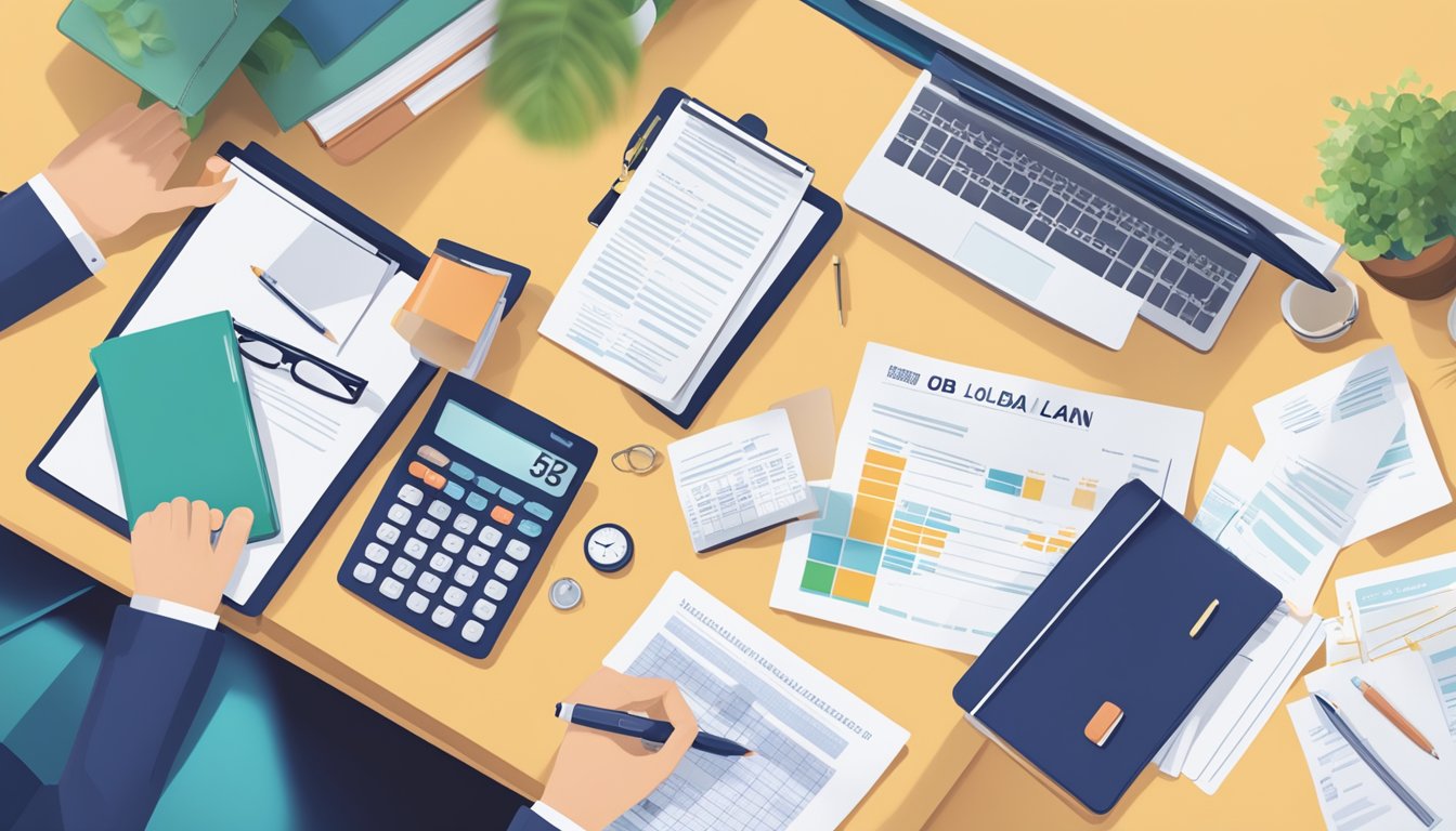 A business owner reviewing UOB loan criteria, with documents and calculator on a desk
