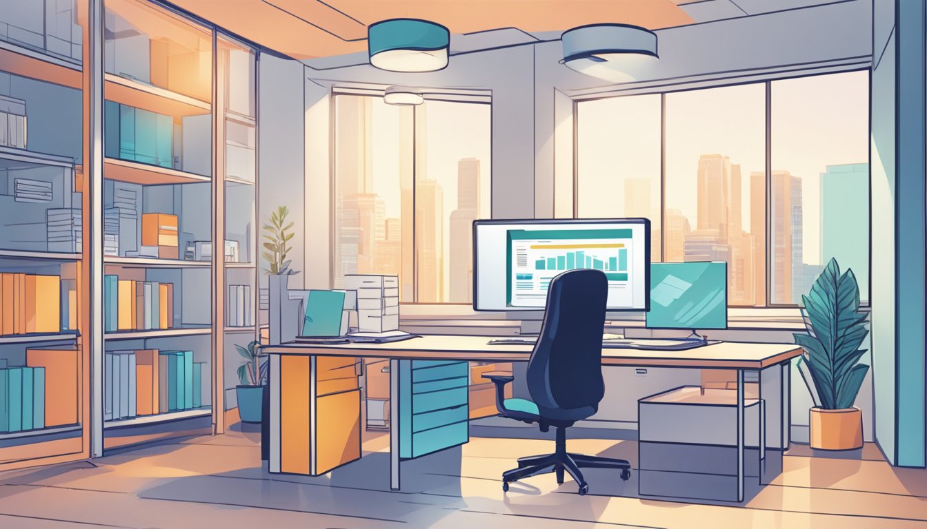 A business owner sits at a desk, reviewing a document titled "Frequently Asked Questions MPM Capital SME Business Loan SG Review." The room is bright and modern, with a computer and phone nearby