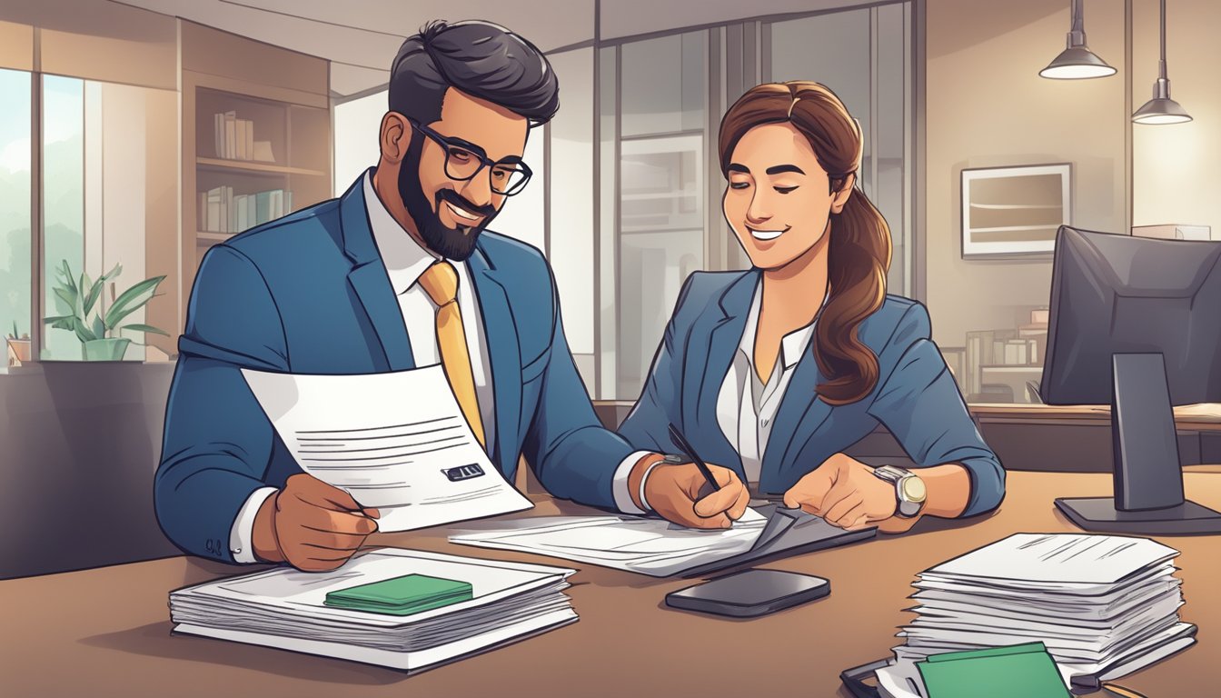 A business owner completes paperwork, meets with a banker, and receives loan approval stamp