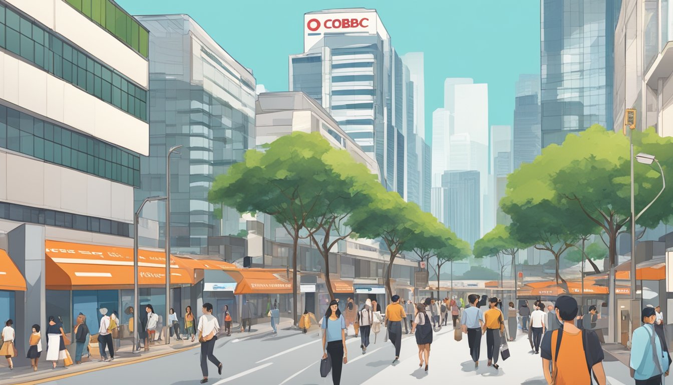 A bustling Singapore street with modern office buildings and a prominent OCBC Business First Loan sign. Pedestrians and businesspeople are seen going about their day