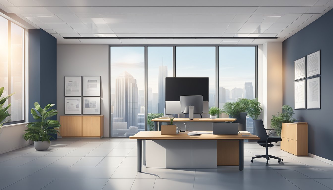 A sleek, modern office setting with a UOB Business Loan sign prominently displayed. Clean lines, professional atmosphere, and a sense of confidence and reliability