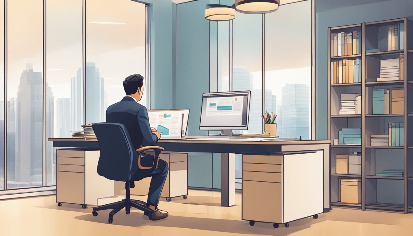 A business owner sits at a desk, reviewing documents with the OCBC Business First Loan logo prominently displayed. The room is well-lit and professional, with modern furnishings