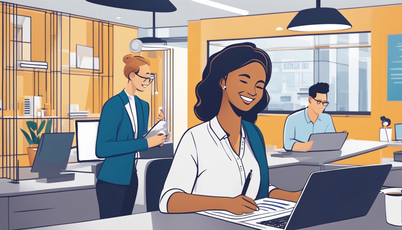 A business owner signs paperwork at a UOB branch, with a loan officer smiling in the background. The office is modern and bright, with UOB branding visible