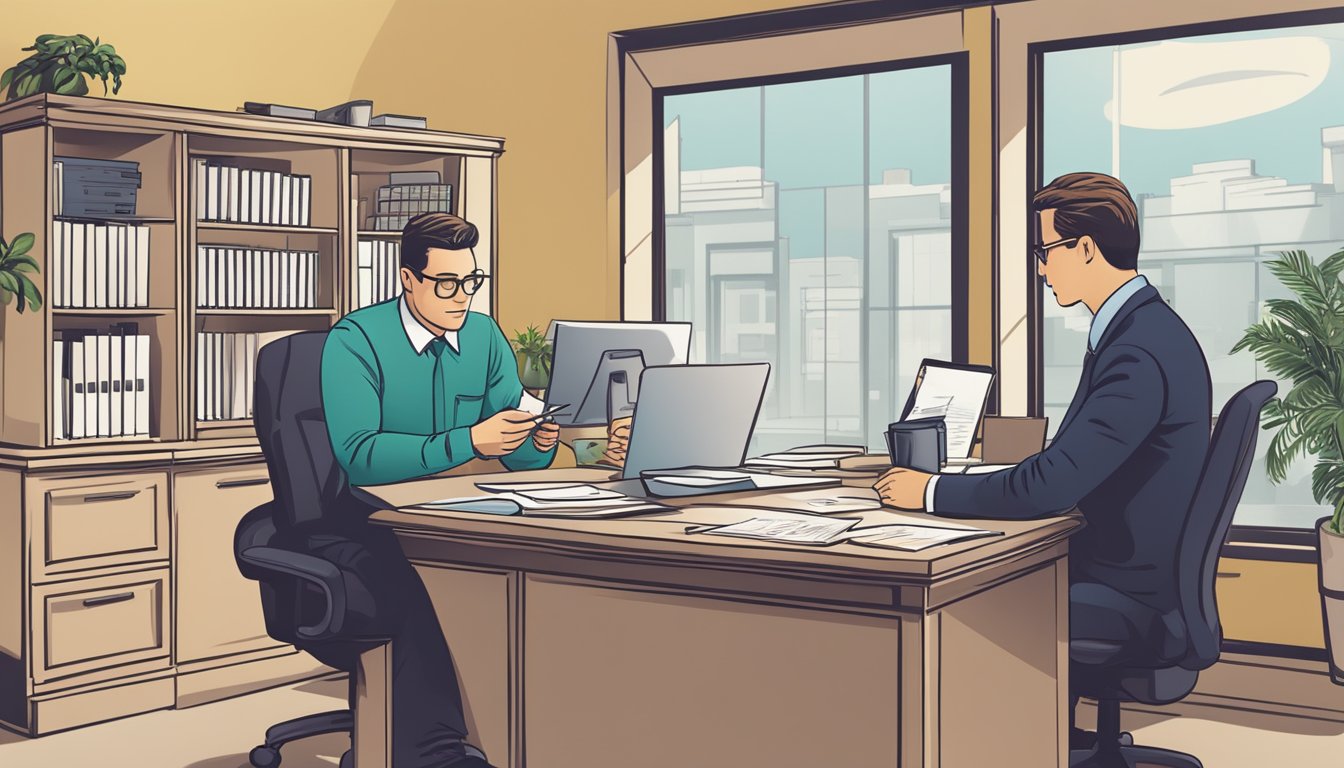A business owner fills out paperwork at a desk while a bank representative reviews and approves the loan application. The office setting is professional and organized