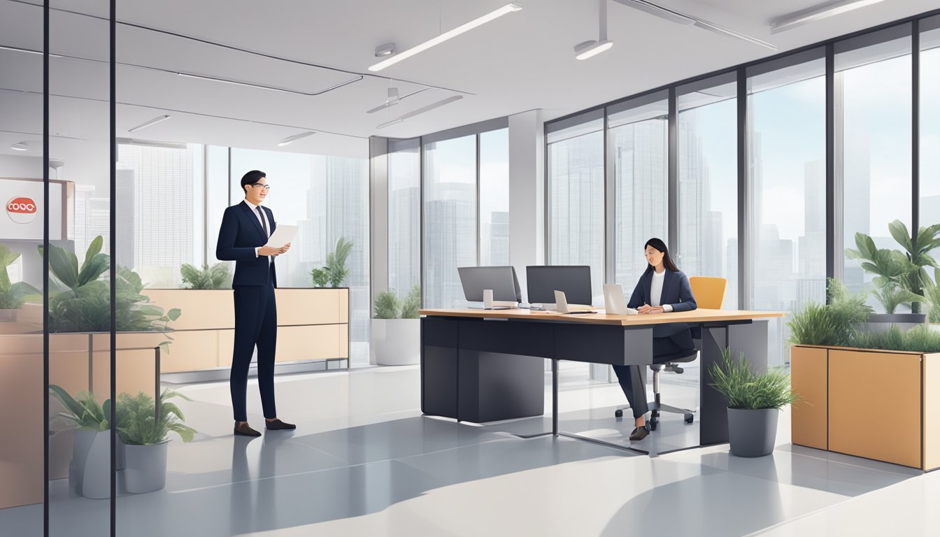 A modern office setting with a sleek, professional atmosphere. A business owner confidently discussing loan terms with an OCBC representative. The OCBC logo prominently displayed in the background