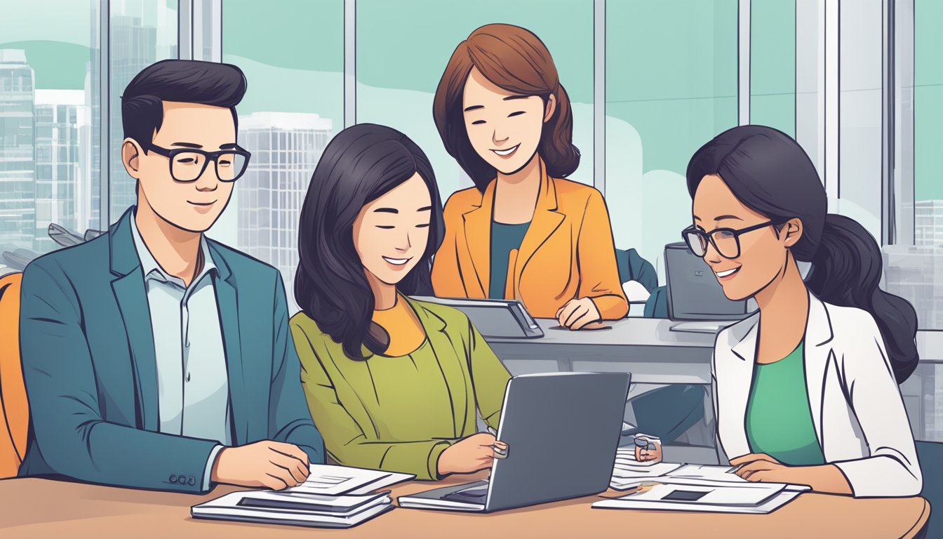 A group of business owners comparing loan offers, with OCBC Business First Loan standing out among competitors