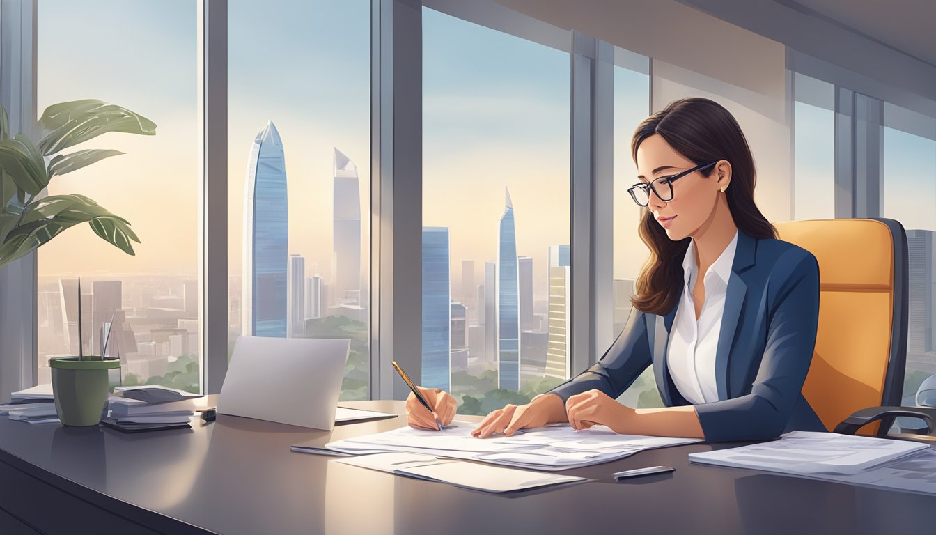 A businesswoman sits at her desk, reviewing documents for an OCBC Business Term Loan. The room is bright and modern, with a view of the city skyline through the window