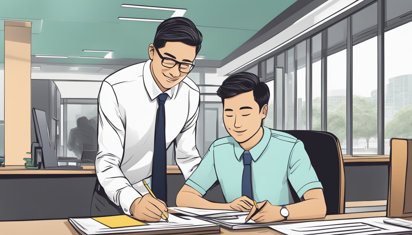 A business owner signing loan documents at an OCBC branch, with a banker assisting and a satisfied expression on the business owner's face