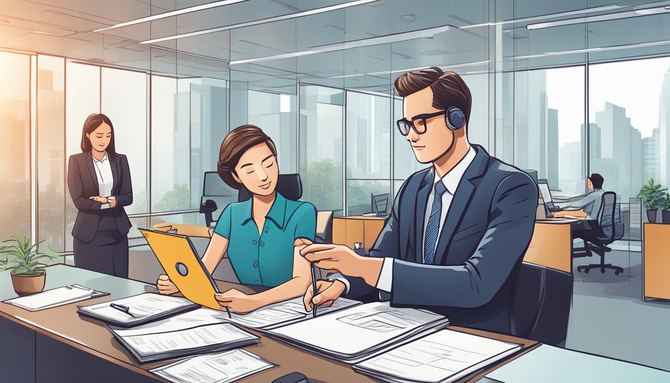 A modern office setting with a businessperson signing documents at a desk, while a banker explains the benefits of OCBC Business Term Loan