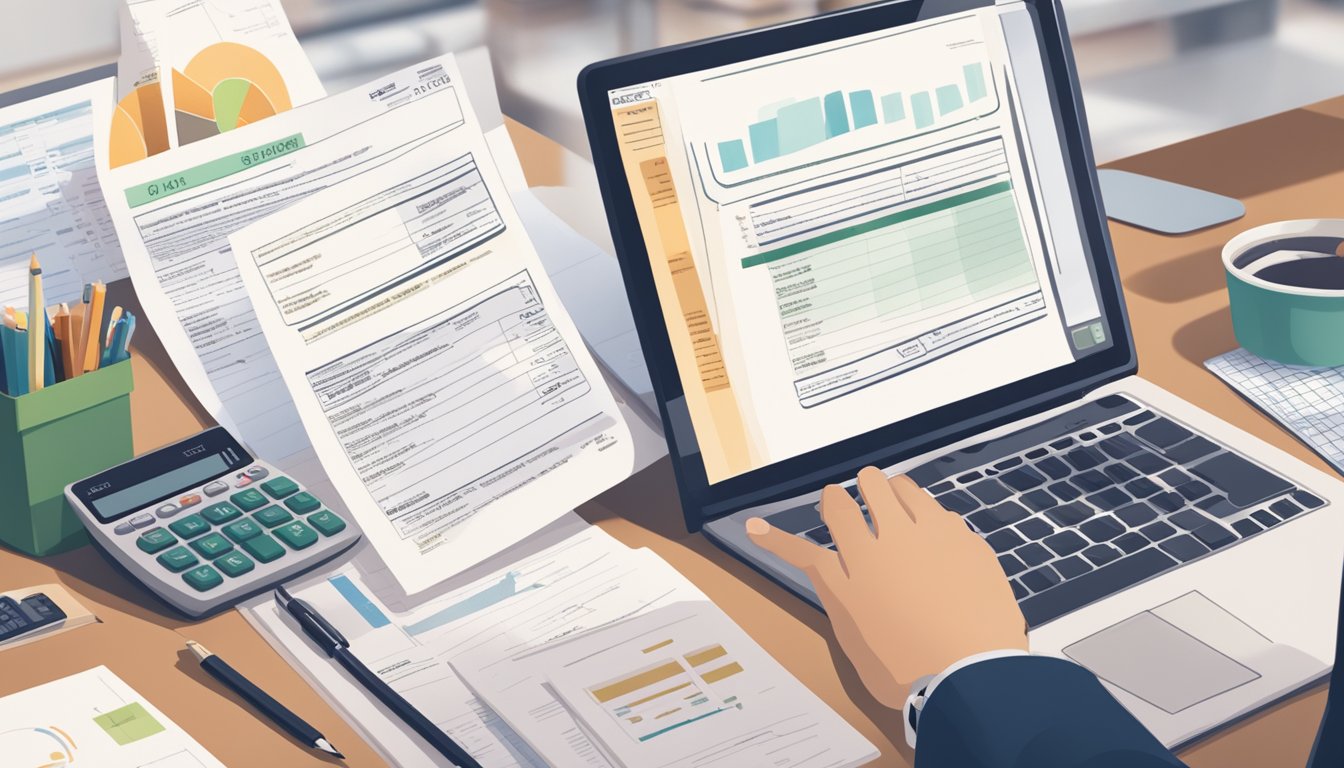A business owner reviewing OCBC Business Term Loan eligibility criteria. Documents spread out on desk, calculator, and computer in the background
