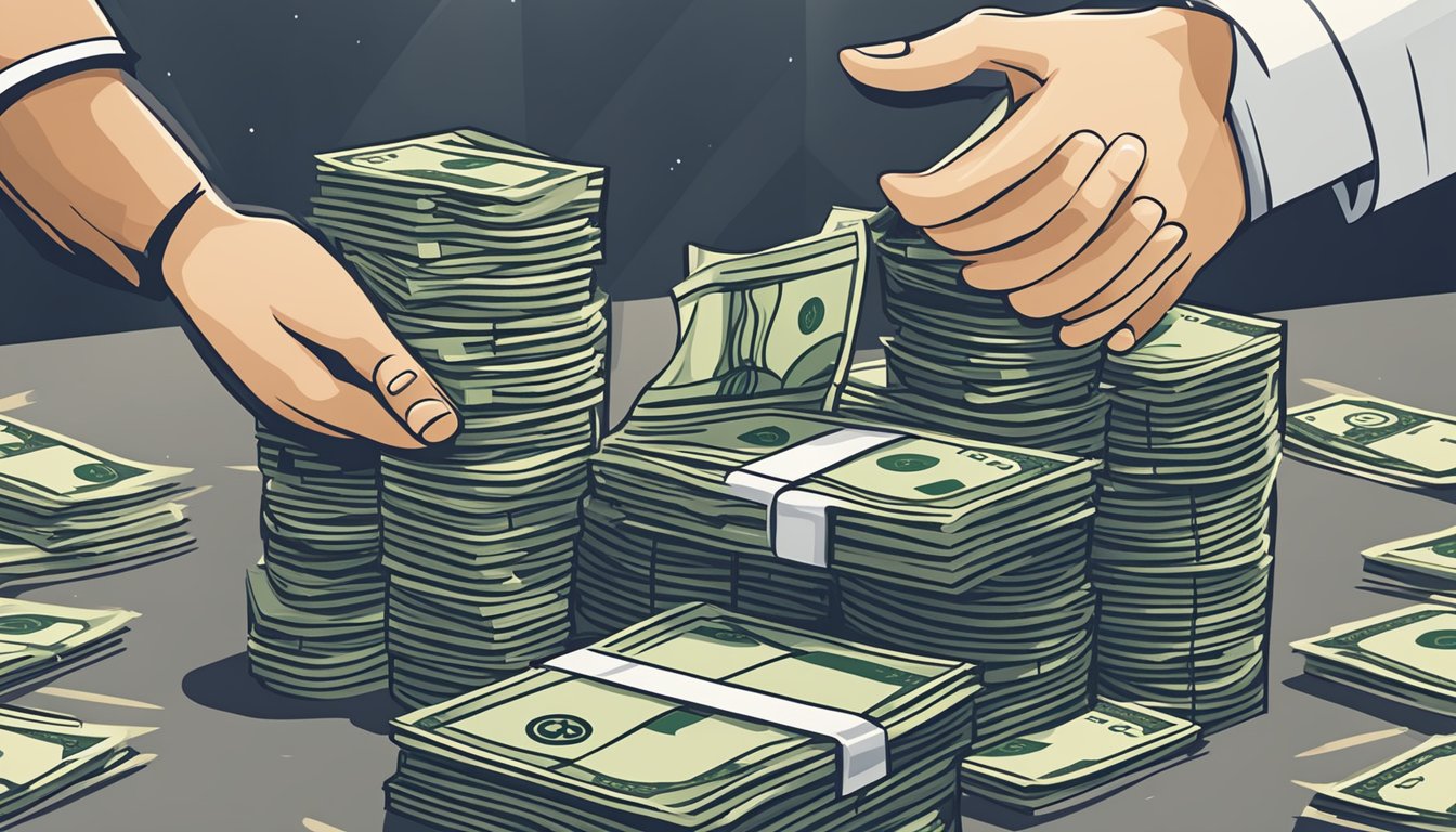 A stack of money, a chart showing growth, and a handshake symbolizing partnership, all surrounded by a spotlight to represent the standout features of OCBC Business Term Loan