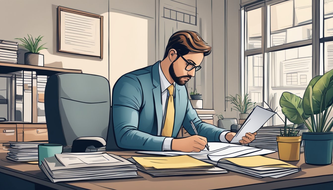 A small business owner sits at a desk, reviewing paperwork for a loan application. The room is filled with the hum of a busy office, as the owner carefully considers their options