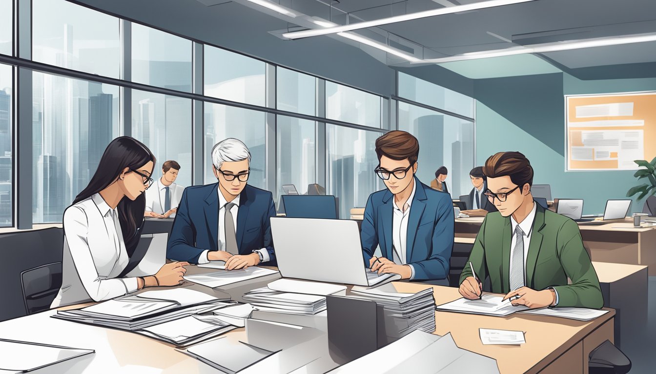 A group of business professionals studying and comparing documents and charts, with a focus on the OCBC Business Term Loan, in a modern office setting