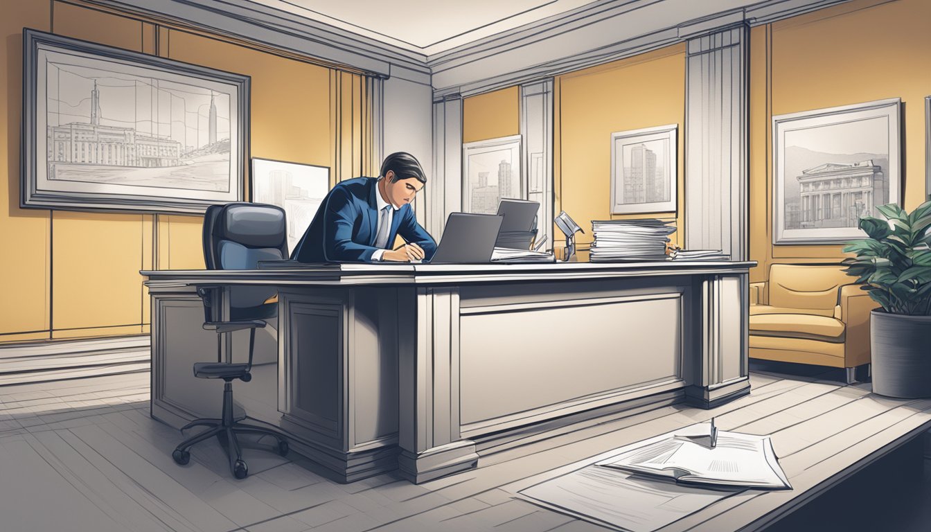 An office setting with a business person signing documents at a desk, with a bank logo in the background