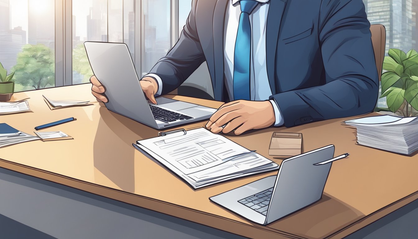 A businessman submits documents online. A loan officer reviews and approves the application
