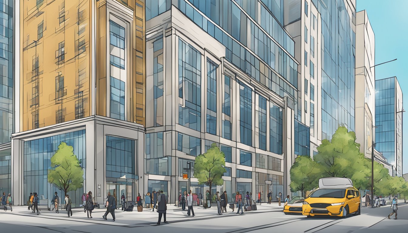 A bustling city street with a modern office building in the background, showcasing the Validus logo prominently displayed