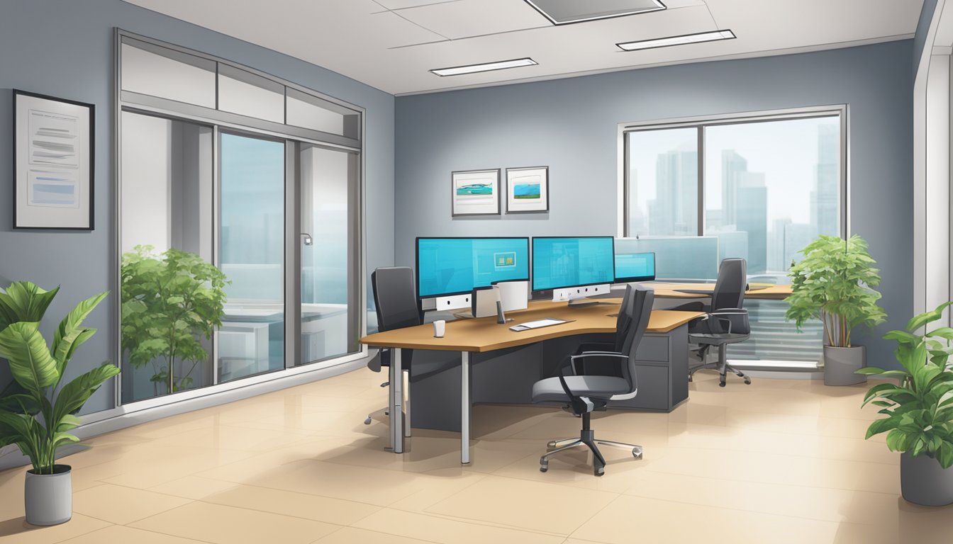 A modern office with the company name "Wee Investments Pte Ltd" displayed prominently on the wall. A desk with paperwork and a computer, indicating business operations