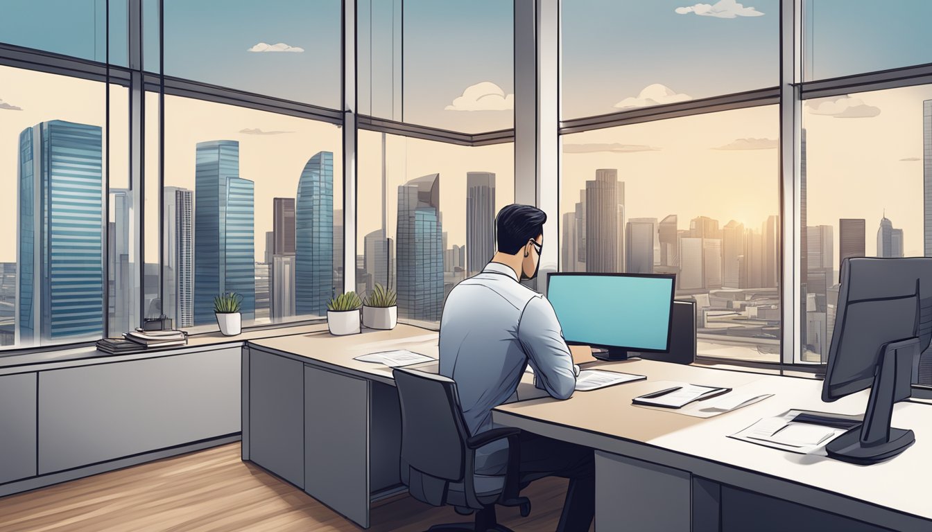 A modern office setting in Singapore with a business loan contract on a desk, a city skyline visible through the window, and a confident professional reviewing the document