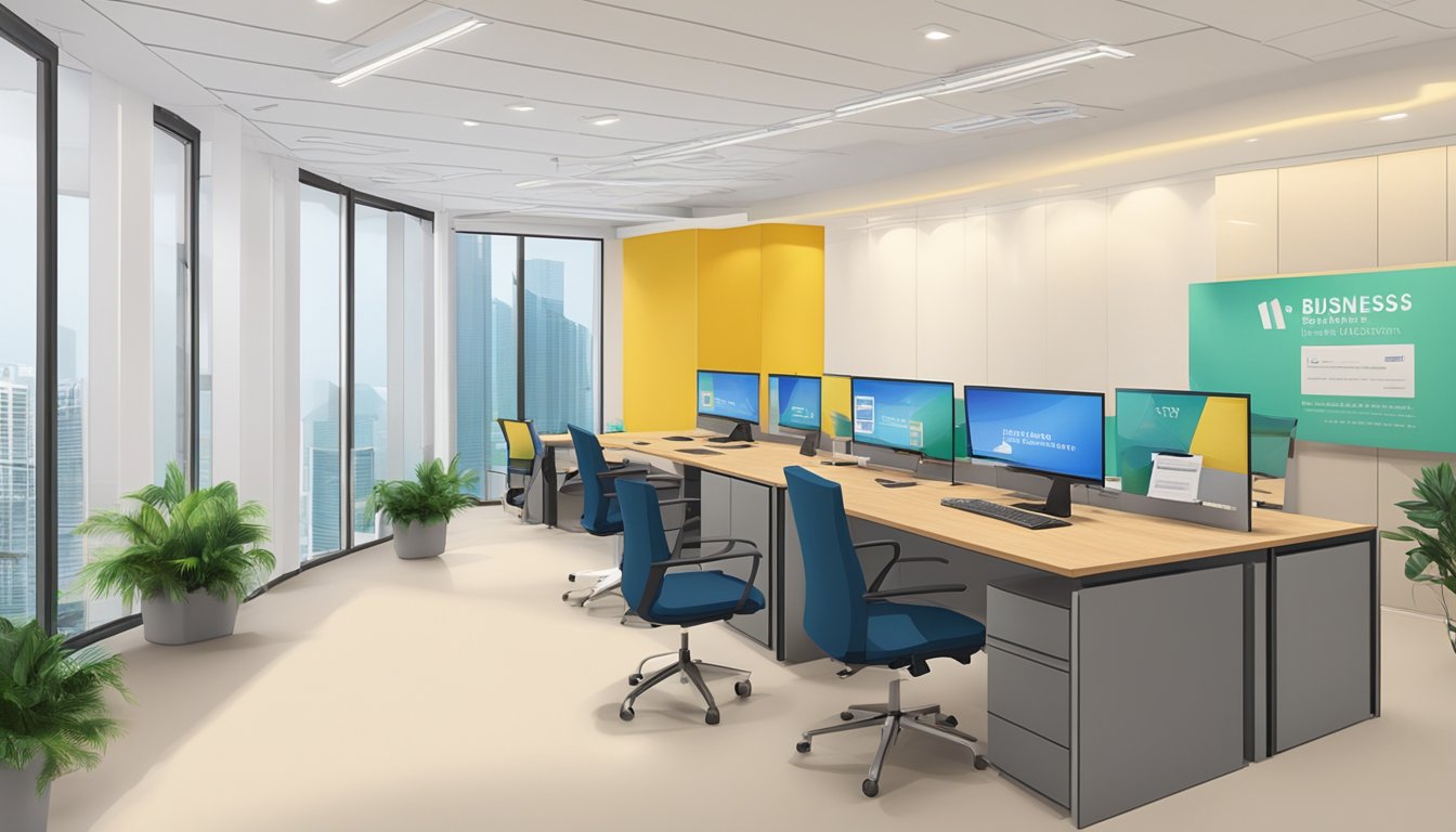 An office setting with the company name "Wee Investments Pte Ltd" prominently displayed. A business loan sign and a Singapore Business Loan SG Review can be seen on a desk or wall
